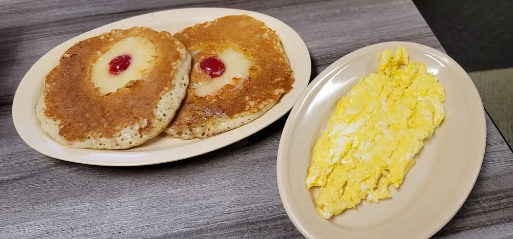 Pineapple Upside Down Pancake & Scrambled Eggs